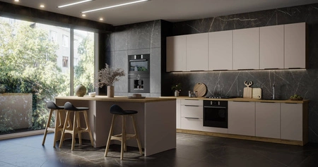 Küchenmöbelset Soela 330 cm elegante Küchenschränke in dezenten und natürlichen Farben Griffe mit Metallkante