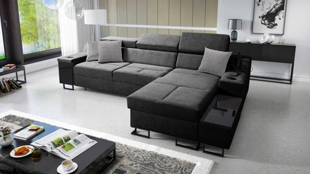 Ecksofa mit Schlaffunktion Alcamo grau rechte Ecke elegantes und stilvolles Ecksofa mit einer ausziehbaren praktischen Schublade an der Seite des Möbels