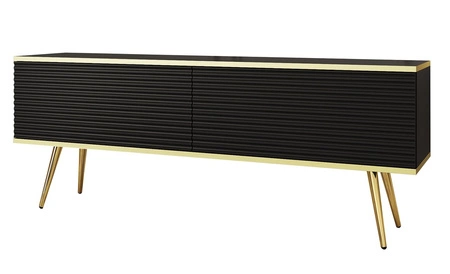 TV-Schrank Luxury 135 cm schwarz elegantes Design stilvolle geriffelte Front Korpus mit goldenen Zierleisten goldenen Metallbeinen gekrönt
