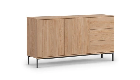 Tutti-Möbel aus Eichenholz Hickory einfache Form eines Hängeschranks, der auf einem schwarzen Metallsockel steht griffloses Push-to-Open-System