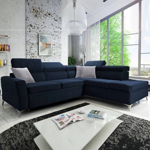 Ecksofa mit Schlaffunktion Rechtsseitiges Ecksofa Rava III aus marineblauem Samt mit verstellbaren Kopfstützen und Bettzeugbehälter