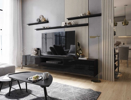 TV-Schrank Plomari 258 cm schwarz / schwarz glänzend mit Regalen minimalistisches Design in einer modernen Anordnung geräumige Schubladen