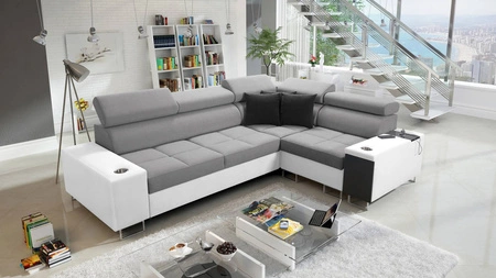 Ecksofa mit Schlaffunktion Dafni II grau weiß rechts geflochtenes Ecksofa mit Bettzeugstauraum Vollauszug