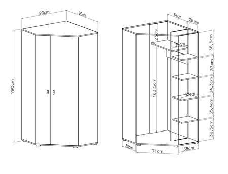 Eckgarderobe Niko schwarz / Eiche / beige ideal für das Jugendzimmer funktionell und geräumig Originalfarben