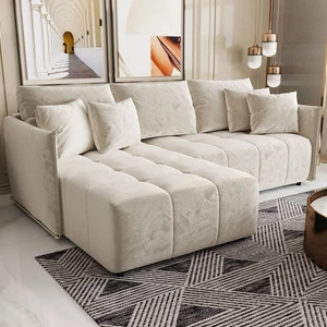 Schlafsofa Oroso beige links weicher Samtstoff mit hydrophober Beschichtung Bettzeugbehälter