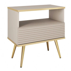 Nachttisch mit Schublade Luxury beige eleganter Designschrank mit goldener Zierleiste Schrank mit geriffelter Front goldene hohe Beine