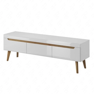 RTV-Schrank Atka 160 cm weiß / weiß glänzend / Eiche riviera modernes Design im skandinavischen Stil mit Schubladenvollauszug
