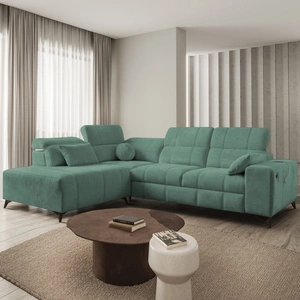 Ecksofa mit Schlaffunktion Penejos VII grün linksseitig stilvolles Ecksofa mit Bettzeugablage komfortable verstellbare Kopfstützen