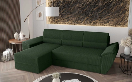 Ecksofa mit Schlaffunktion Fogu II grün linke Seite stilvolles Ecksofa mit bequemen Armlehnen und Bettzeugcontainer