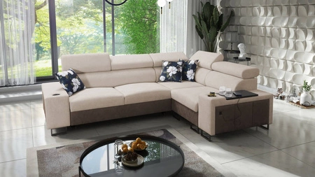 Ecksofa mit Schlaffunktion Flavio II beige/braun rechts bequemes Ecksofabett offene Bar an der Seite des Möbels