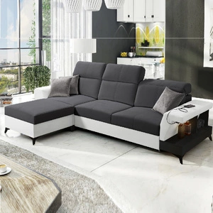 Ecksofa mit Schlaffunktion Bresso graphit / weiß linkes Ecksofa mit praktischer Ablage in schwarz verstellbare Kopfstützen