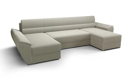 Ecksofa mit Schlaffunktion Fogu U III elfenbeinfarbenes stilvolles Ecksofa mit Armlehnen und Bettzeugablage Cordstoff