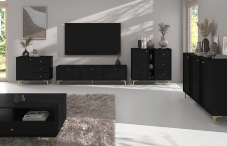 Schubladenkommode Kioto I 84 cm schwarz graphit modernes Design dezente goldene Griffe Metallsockel ideale Kommode für den Wohnbereich