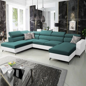 Ecksofa mit Schlaffunktion Savona VI türkis / weiß rechts elegantes und bequemes Ecksofa für das Wohnzimmer zwei Container für Bettzeug