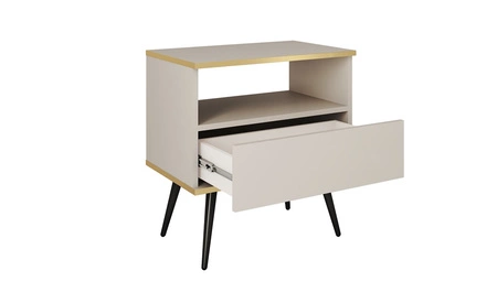 Luxuriöser Nachttisch mit Schublade schwarzer eleganter Designschrank mit goldener Zierleiste Schrank auf hohen Metallbeinen gestützt