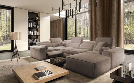 Ecksofa mit Schlaffunktion Viano IV Lux hellbraun rechtes Ecksofa mit ausziehbarem Fußteil großer Stauraum für Bettzeug