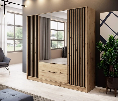 Kleiderschrank mit Spiegel Aspen 206 cm Eiche Artisan / Schwarze Lamellen modernes Design Schranktüren mit dekorativen Lamellen