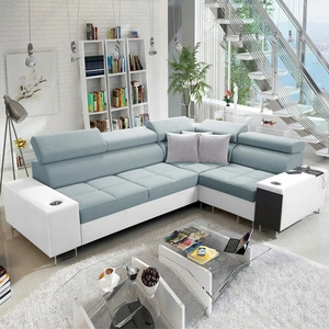 Ecksofa mit Schlaffunktion Dafni II arktikblau/weiß rechtwinklig geflochtenes Ecksofa mit Bettzeugschublade in der Seite
