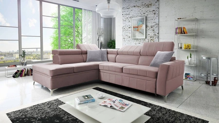 Ecksofa mit Schlaffunktion Rava III lavendelrosa Linkshänder-Ecksofa aus Samt mit verstellbaren Kopfstützen und Bettzeugcontainer