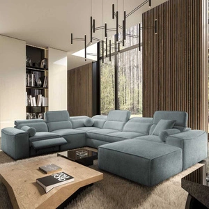 Ecksofa mit Schlaffunktion Viano VIII Lux grau blau rechts Design-Ecksofa mit ausziehbarem Fußteil Bettzeug-Container