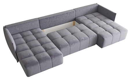 Ecksofa mit Schlaffunktion Oroso U blau Leinencontainer weicher Samtstoff mit hydrophober Beschichtung dekorative Steppung