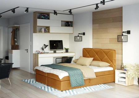 Boxspringbett Luton 160x200 Senfgelb im modernen skandinavischen Stil mit markantem Kopfteil