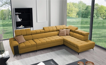 Ecksofa mit Schlaffunktion Bolmso XI Senf rechts stilvolles Design Ecksofa mit Schublade und Bettzeugkästen