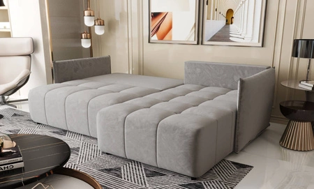 Ecksofa mit Schlaffunktion Oroso hellgrau rechte Seite weicher Samtstoff mit hydrophober Beschichtung Bettzeugbehälter