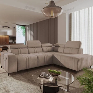 Ecksofa mit Schlaffunktion Castel VII hellbraun rechtsseitig stilvolles Ecksofa mit Bettzeugablage und verstellbaren Kopfstützen