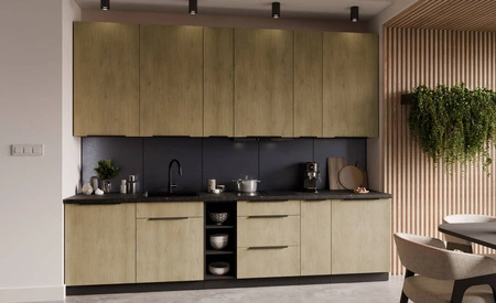 Küchenmöbel Set Crotone 300 cm elegante Küchenschränke mit Metallkantengriffen Schrank mit Ladekorb