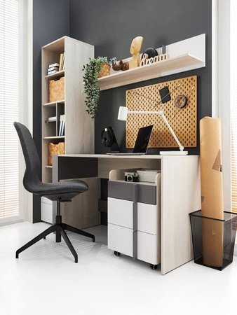 Schreibtisch Remona 130 cm Eiche wilton weiß / weiß / anthrazit mit einem Schrank auf Rollen stilvoll und funktional für das Büro, Arbeitszimmer oder Jugendzimmer