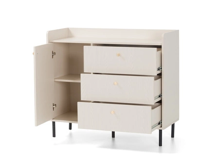 Kommode Ferdi 104 cm sandbeige Ästhetische Kommode für das Wohnzimmer auf schlanken Metallbeinen hohe Kanten der Platte gesetzt