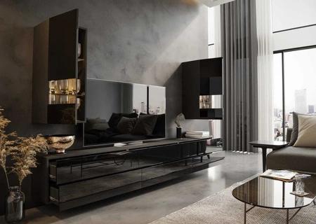 Hängeschrank Pirgos schwarz / schwarz glänzend minimalistisches Design Hängeschrank für Wohnzimmer oder Sitzungssaal push to open system