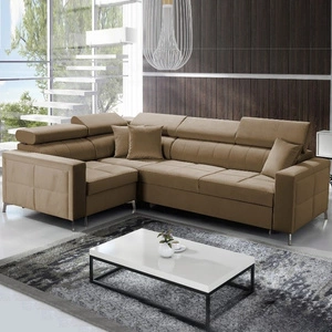 Ecksofa mit Schlaffunktion Nausa II hellbrauner linksseitiger Samt Ziernähte auf der Sitzfläche Ecksofa mit Bettkasten