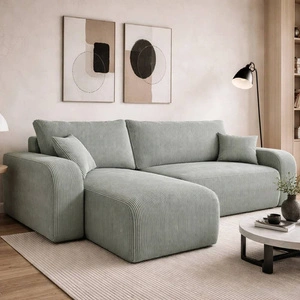 Ecksofa mit Schlaffunktion Fiesta hellgrau universal Ecksofa für Wohnzimmer Cordstoff Bettzeug Container