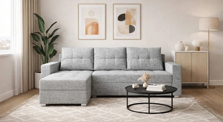 Ecksofa mit Schlaffunktion Pablos grau Esche Universal-Ecksofa mit Bettzeugablage dekorative Steppung auf dem Sitz