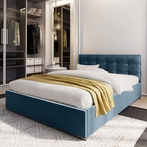 Polsterbett Mona 140x200 türkis mit Container im modernen skandinavischen Stil mit gestepptem Kopfteil mit Kristallen