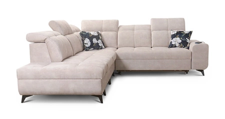 Ecksofa mit Schlaffunktion Buffalo IX blau linke Seite stilvolles Ecksofa für Zimmer aus Velourstoff Zierkissen