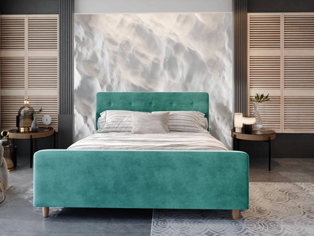 Polsterbett Isara 180x200 grün mit Container im modernen skandinavischen Stil mit markantem Kopf- und Fußteil