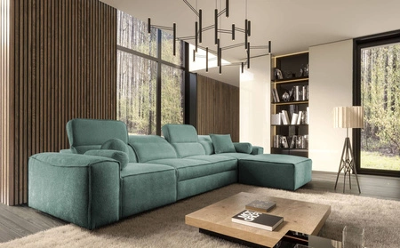 Ecksofa mit Schlaffunktion Viano XII patina rechts stilvolles Ecksofa mit interessanter Form verstellbare Kopfstützen Zierkissen