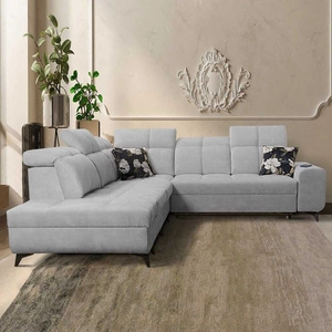 Ecksofa mit Schlaffunktion Buffalo IX grau Esche links stilvolles Ecksofa für einen Raum aus Veloursstoff Zierkissen