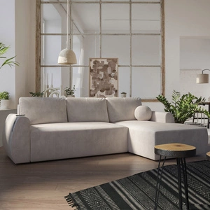 Ecksofa mit Schlaffunktion Colio beige rechte Seite stilvolles Ecksofa mit interessanter Form Velourstoff Zierkissen Ball