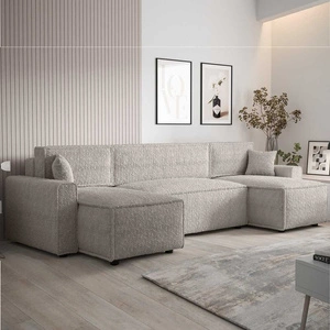 Ecksofa mit Schlaffunktion Brandon U Bis cremefarbener Leinencontainer Armlehnenstoff mit ausgeprägter Schlingenoberfläche