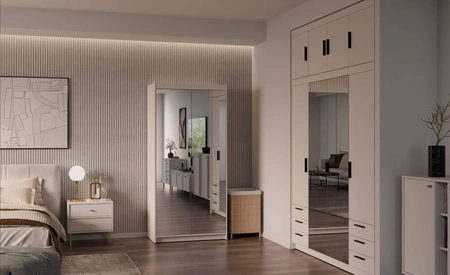 Kleiderschrank Rene 90 cm beige sand stilvolles Design schlichte Form idealer Kleiderschrank mit Spiegel für Schlafzimmer oder Flur ABS beendet Kanten