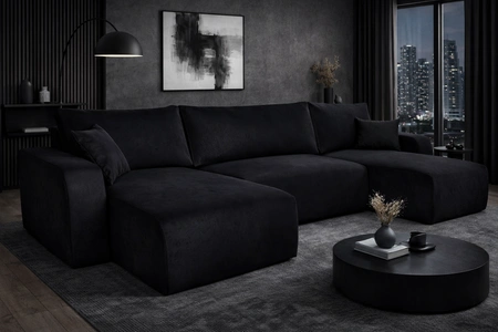 Ecksofa mit Schlaffunktion Fiesta U XL schwarz elegantes Ecksofa für Wohnzimmer mit Bettzeugablage Plüschstoff