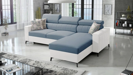 Ecksofa mit Schlaffunktion Savona blau / weiß rechts elegantes Ecksofa mit verstellbaren Kopfstützen Ziernähte 