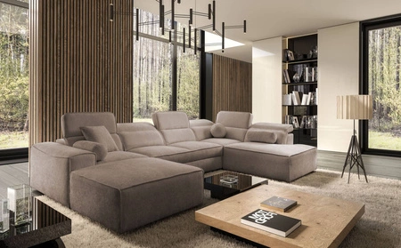 Ecksofa mit Schlaffunktion Viano VI hellbraun links Design-Ecksofa für moderne Einrichtungen zwei Container für Bettzeug