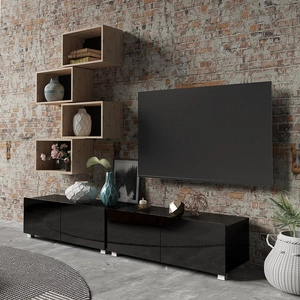 Apulia XXX Schrankwand glänzend schwarz / Eiche artisan Eine besonders stilvolle Schrankwand mit schlichten Möbelstücken, die sich in jede Einrichtung einfügt