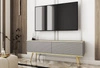 TV-Schrank Luxury 135 cm grau elegantes Design stilvolle geriffelte Front Korpus mit goldenen Zierleisten goldenen Metallbeinen gekrönt