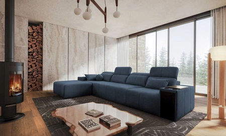 Ecksofa mit Schlaffunktion Tesalia XII blau links modernes Design komfortable Schiebe-Rückenlehne Schublade in der Seite des Möbels